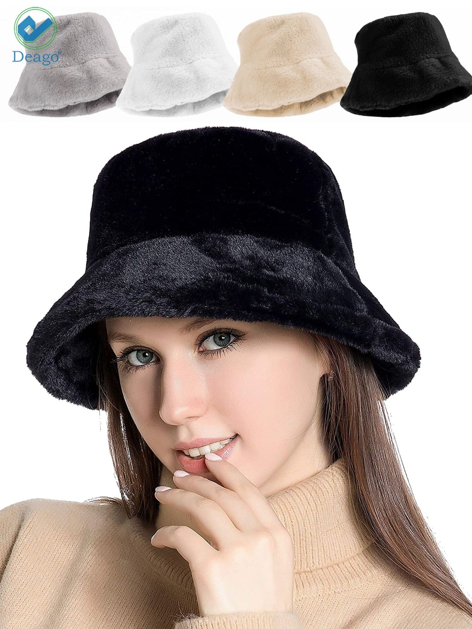 Deago Winter Bucket Hat for Women Warm Hats Vintage Faux Fur Wool ...
