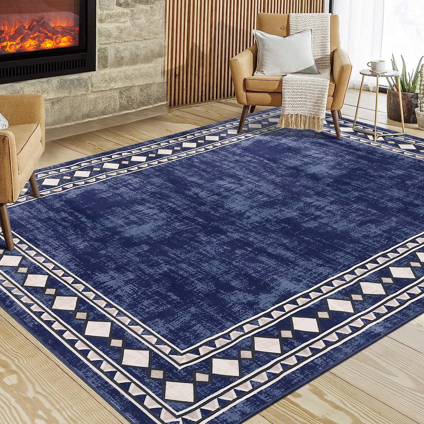 Hasoo Area Rug 5' x 7' Washable Bordered Rug for Living Room Non-Slip Accent Indoor Neutral Carpet Navy