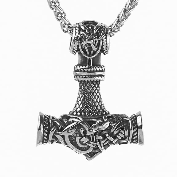 Men's Viking Thor's Hammer amulet necklace, vintage Nordic Thor's Hammer amulet pendant with a sturdy wheat chain, stainless steel jewelry.
