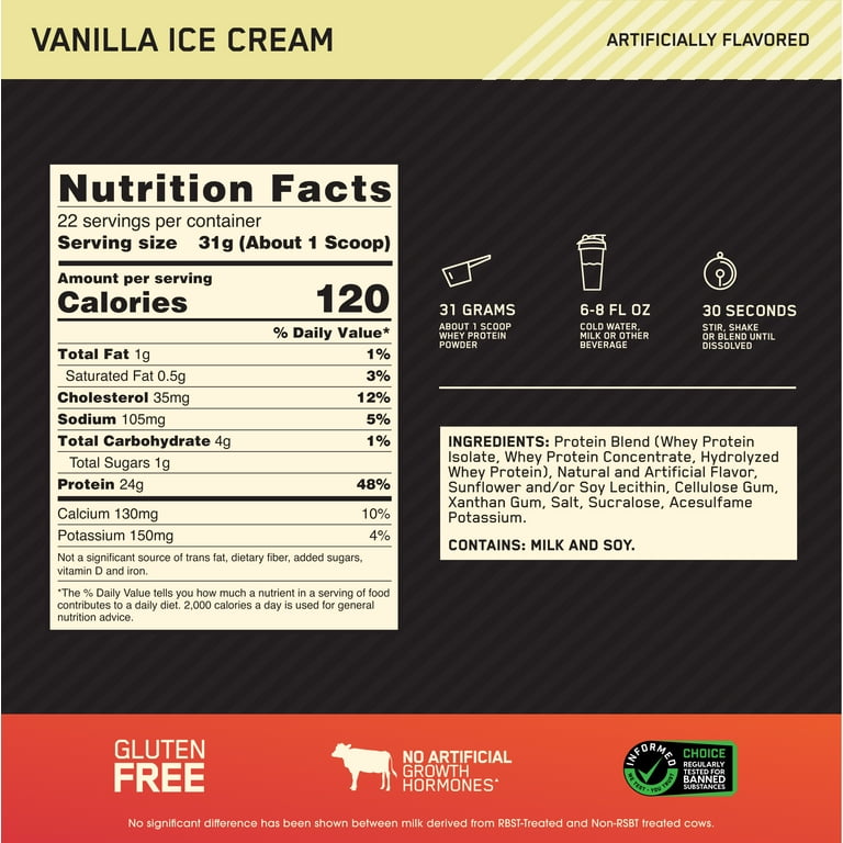 Optimum Nutrition, Gold Standard 100% Whey, Protein Powder, Vanilla Ice  Cream, 22 Servings 