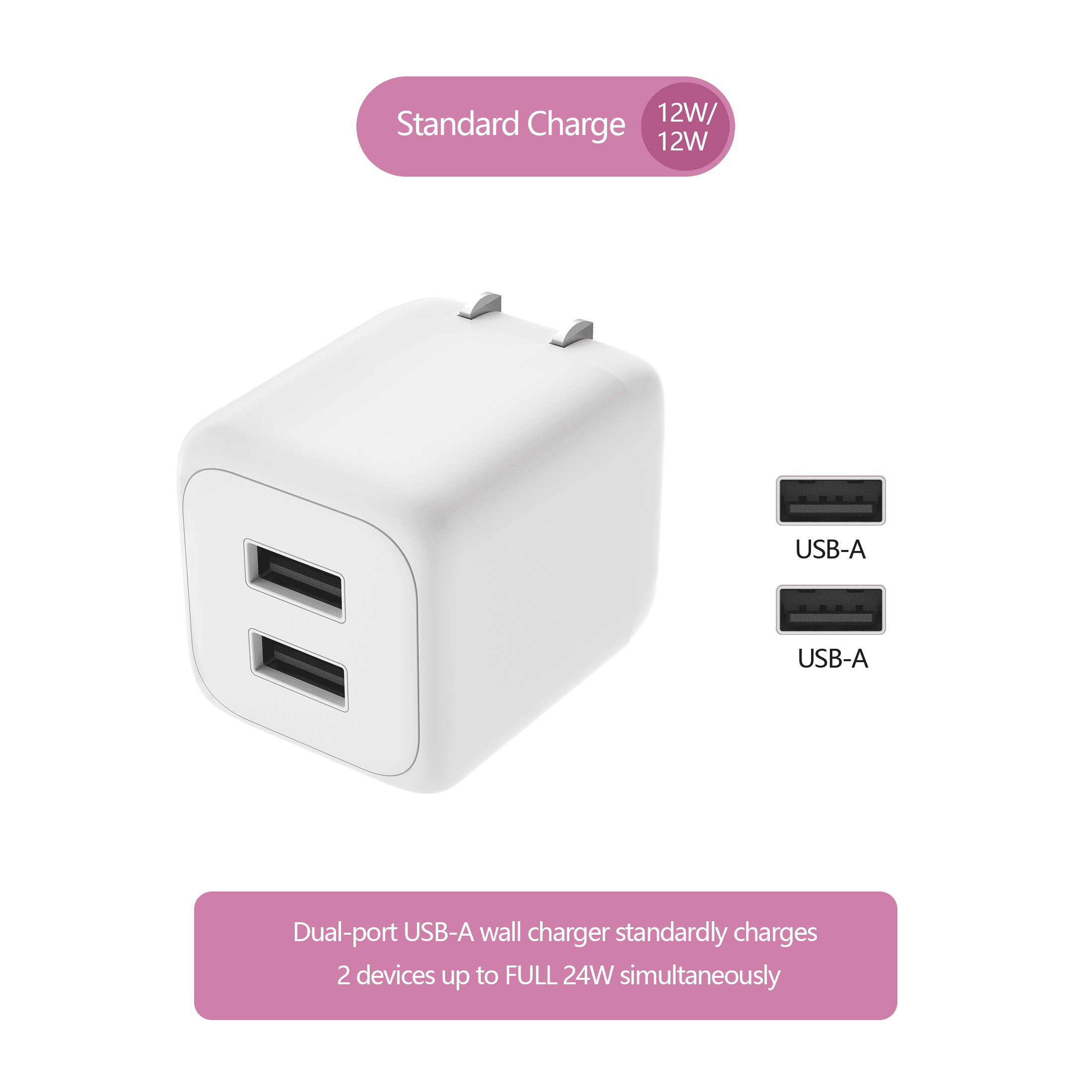 (2 pack) onn 24W Two-Port USB-A Wall Charger for Multiple Devices, Foldable Plug, Compact size, iPhone charger, for iPhone 17/16/15/14/13/12/11/X/XR/XS series , Samsung, iPad, Airpods, and more, white