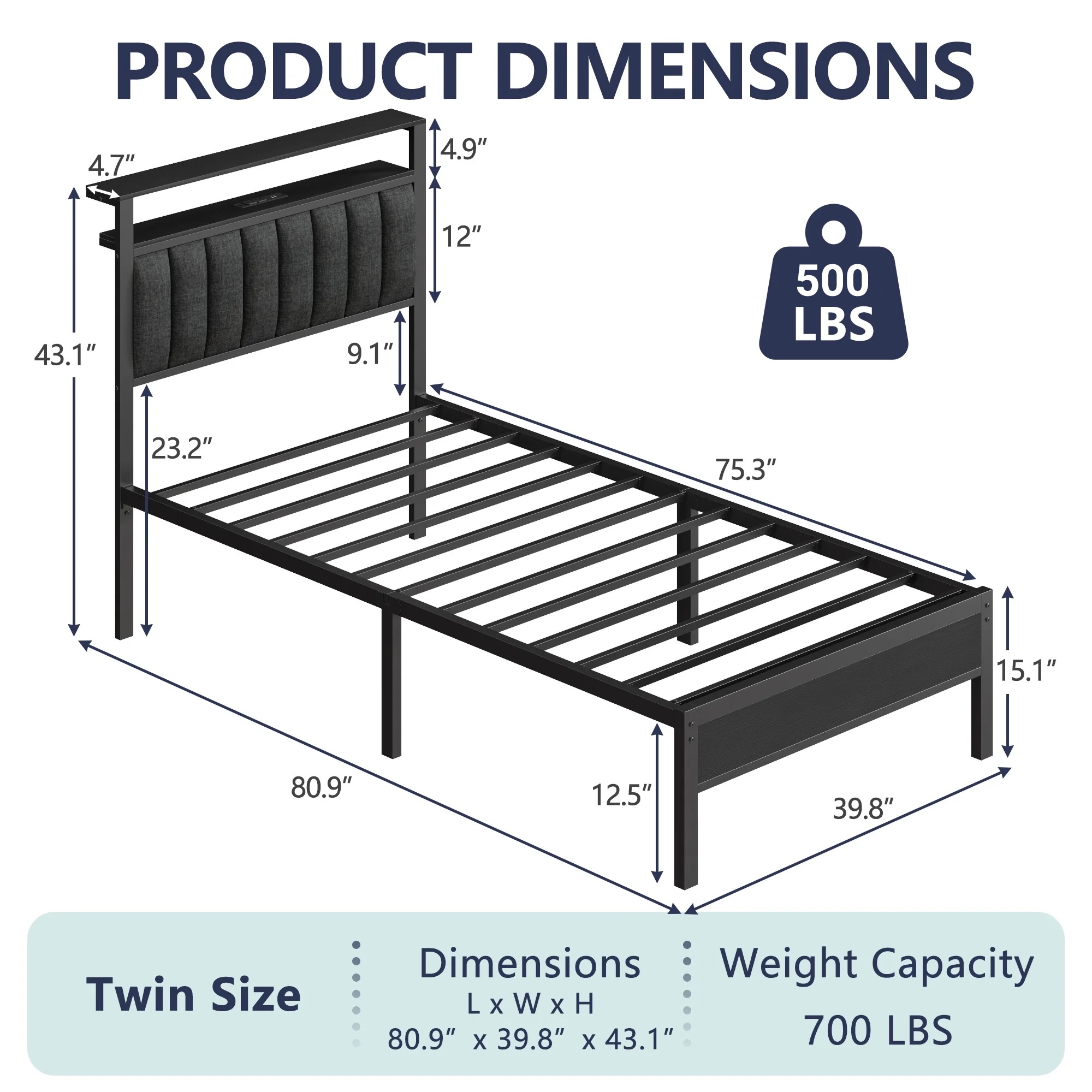 Satifur Twin LED Bed Frame with Smart RGB Lights, Black photo 7
