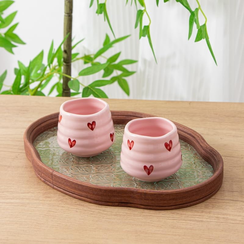 4 Pack 5oz Handless Ceramic Mini Coffee Mugs, Cute Heart‑Pattern Espresso & Matcha Tea Cups, Small Handcrafted Drinking Cups, Microwave & Dishwasher Safe for Coffee Tea Lovers & Gifts