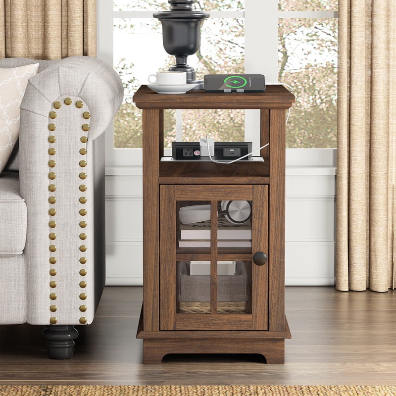 PLAMLE End Tables for Living Room with Storage Shelf,Narrow Sofa Side Table Slim Chair Side Table Adjustable Feet End table for Bedroom