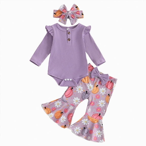 masbird Newborn Baby Girl Clothes 3pcs Fall Winter Outfits Rib Frill Long Sleeve Romper Daisy Flared Pants Headband Set,Purple,0-3 M
