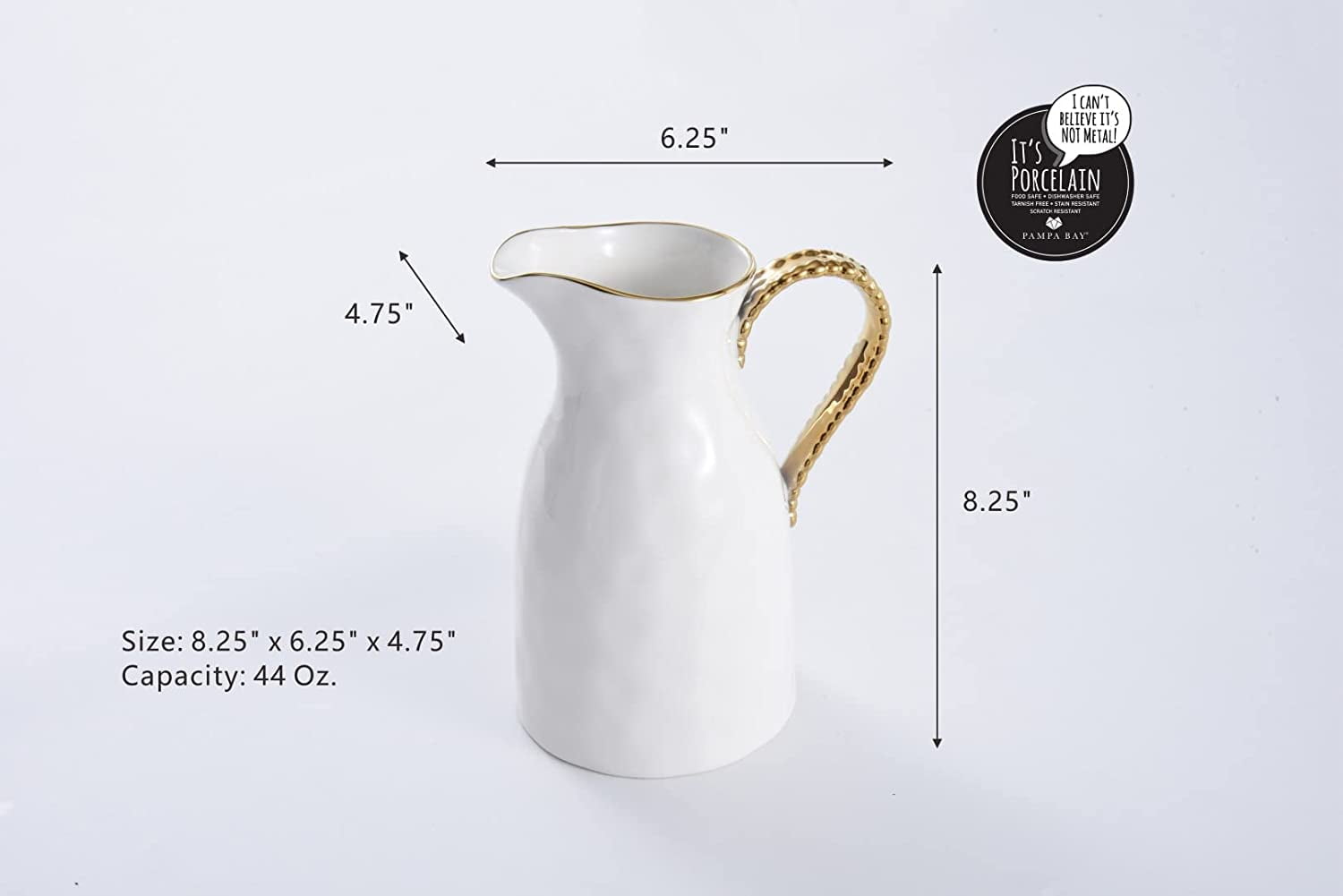 Pampa Bay Golden Salerno Titanium-Plated Porcelain Water Pitcher, 8.25 x 6.25 x 4.75 in, White and Gold