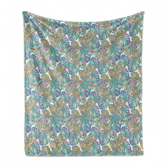 Crazy Soft Flannel Fleece Blanket, Exotic Monstera Leaf Pattern with Watercolor Rainbow Colors Hand Drawn Tropical Flora, Cozy Plush for Indoor and Outdoor Use, 70" x 90", Multicolor, by Ambesonne