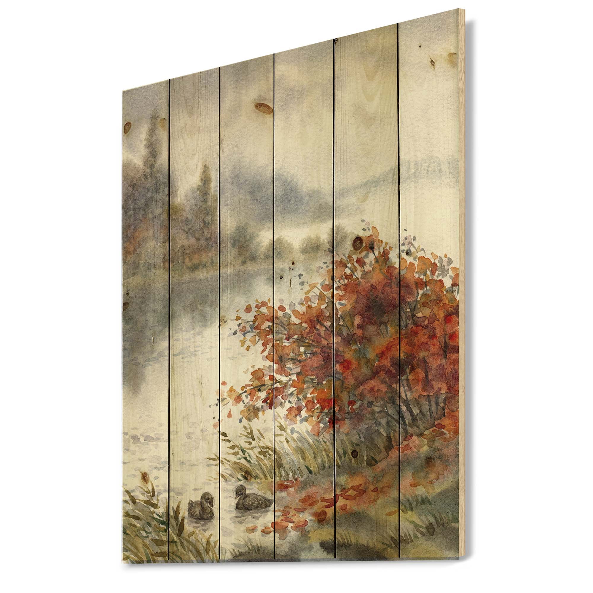 Designart 'View Of The Lake In Autumn Colored' Traditional Print on Natural Pine Wood