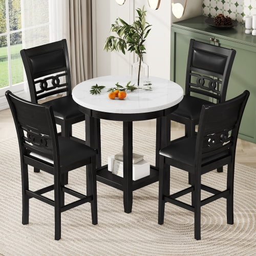 5-piece Counter Height Dining Round Table Set with One Faux Marble Top Dining Table and Four PU-leather Chairs,Dark Espresso