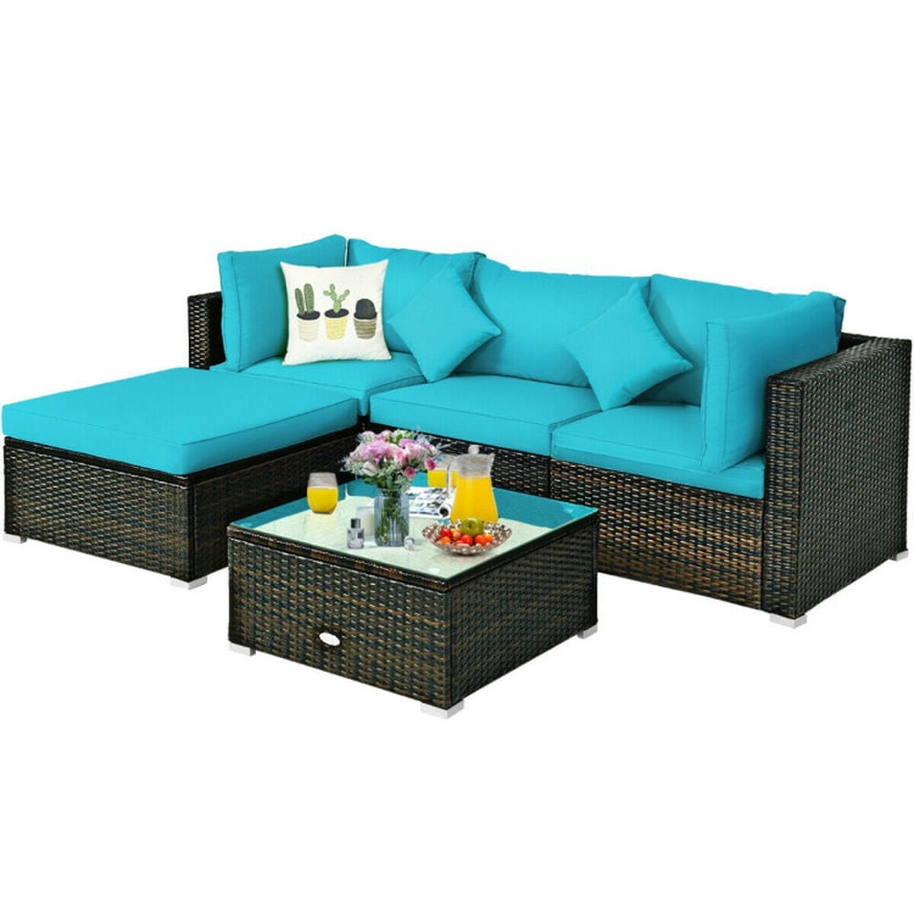 Topcobe 5 Pcs Outdoor Patio Rattan Furniture Set Sectional Conversation with Navy Cushions, Outdoor Patio Furniture for Garden Backyard-Turquoise