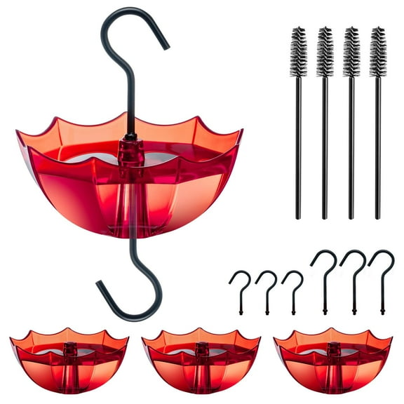 Hummingbird Feeder Ant Guard, 5 Ounce Capacity Clear Moat Cup, 4 Pack Red Umbrella Top with Hanging Hooks for Oriole and Bird Feeders, Red