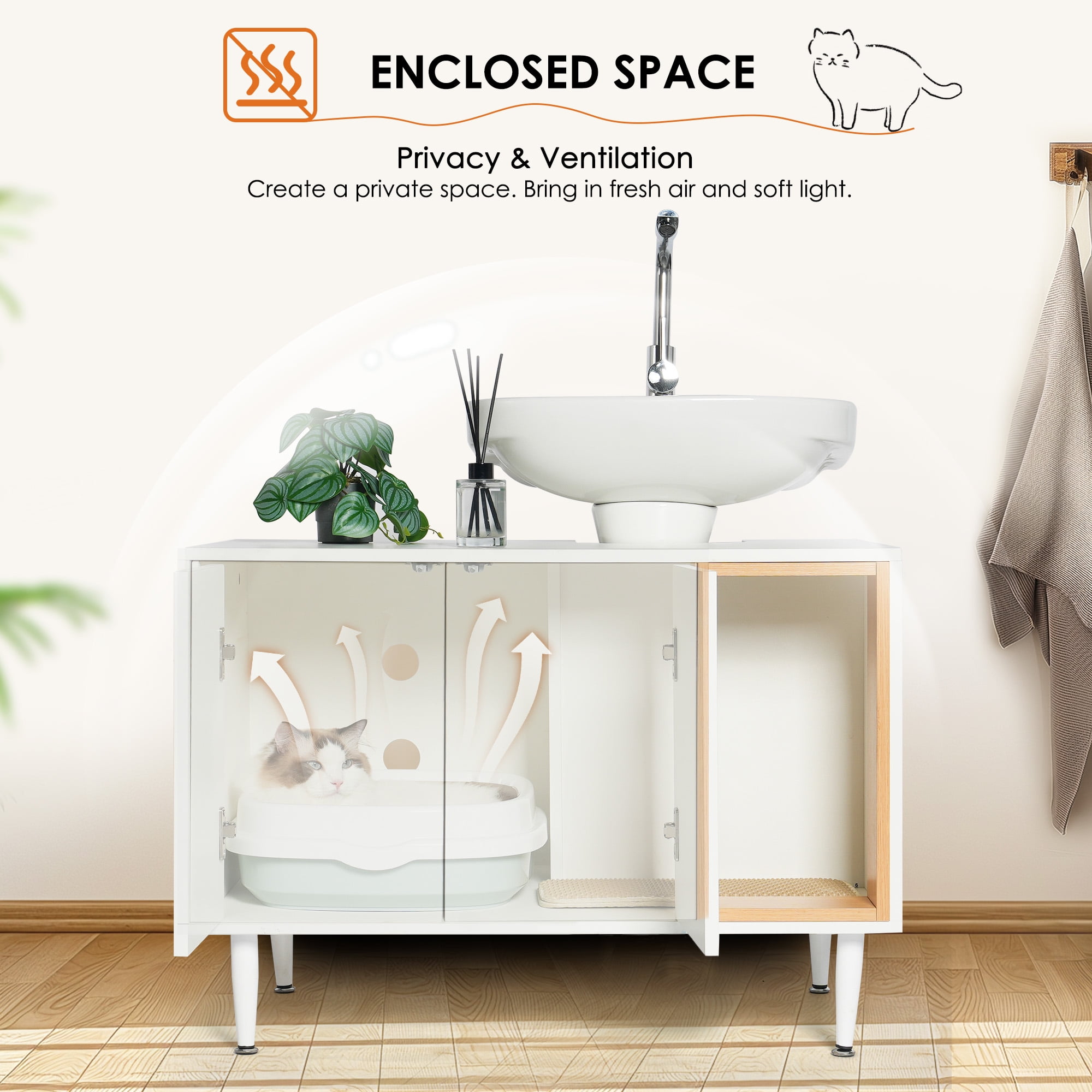 Kadyn 32" Wooden Cat Litter Box Enclosure Furniture with Divider, Large Hidden Litter Box for Bathroom Sink Cabinet, Cat House Washroom, White