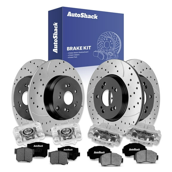 AutoShack Front Vented & Rear Solid Drilled & Slotted E-Coated Brake Rotors   Ceramic Pads   Calipers 16-PC Brake Kit Replacement for 2012-2016 Honda CR-V ShadowGuard