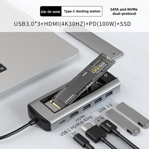 DEAMIJIE Type-C expansion dock USB hub multi-functional hub SSD M.2 mobile hard disk box expansion dock Dual-protocol SATA NVMe