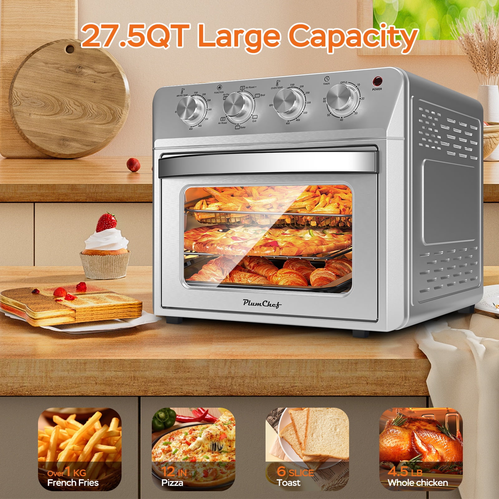 27.5QT 6-in-1 Air Fryer Oven, Family Size, Air Fry, Bake, Broil, Toast, Warm, Dehydrate, 4 Knob Control, 1600W, Silver Stainless Steel