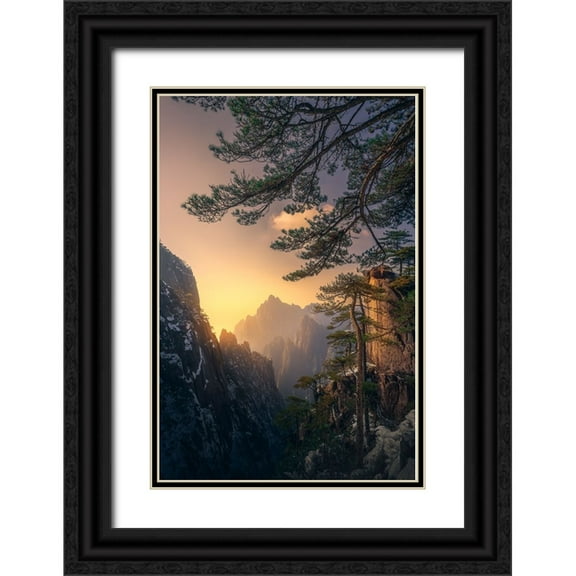 Ye, Ningyun 11x14 Black Ornate Wood Framed with Double Matting Museum Art Print Titled - Yellow Mountain Sunset