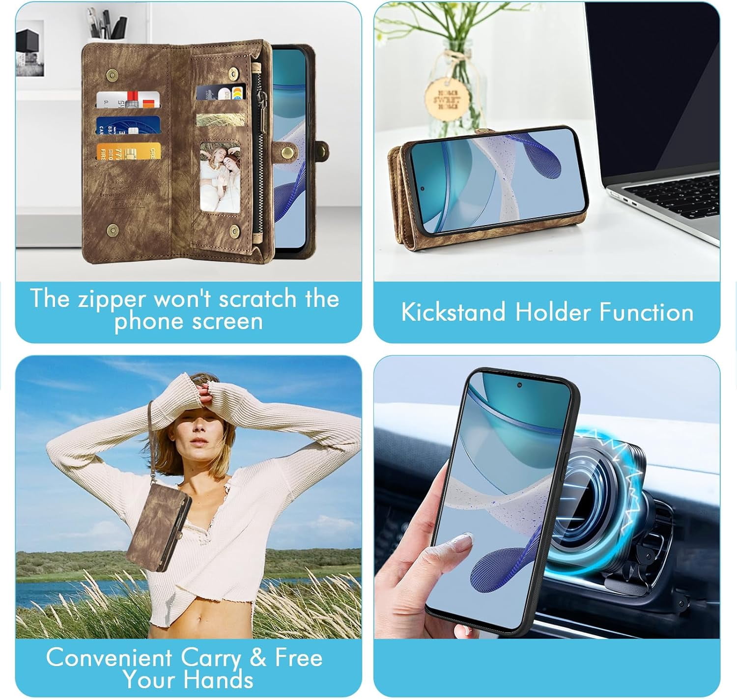 Asuwish Phone Case for Motorola Moto G 5G 2023 Zipper Wallet Detachable Cell Cover with Tempered Glass Screen Protector Crossbody Lanyard Strap Flip Card Holder Slot G5G 5 G G5 Women Men Girls Brown