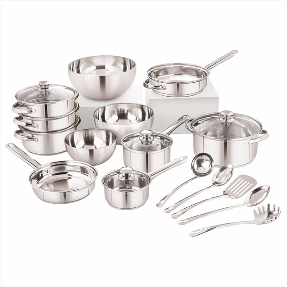 Mainstays 20-Piece Stainless Steel Cookware Set with Glass Lids, Steamer, Mixing Bowls & Kitchen Tools