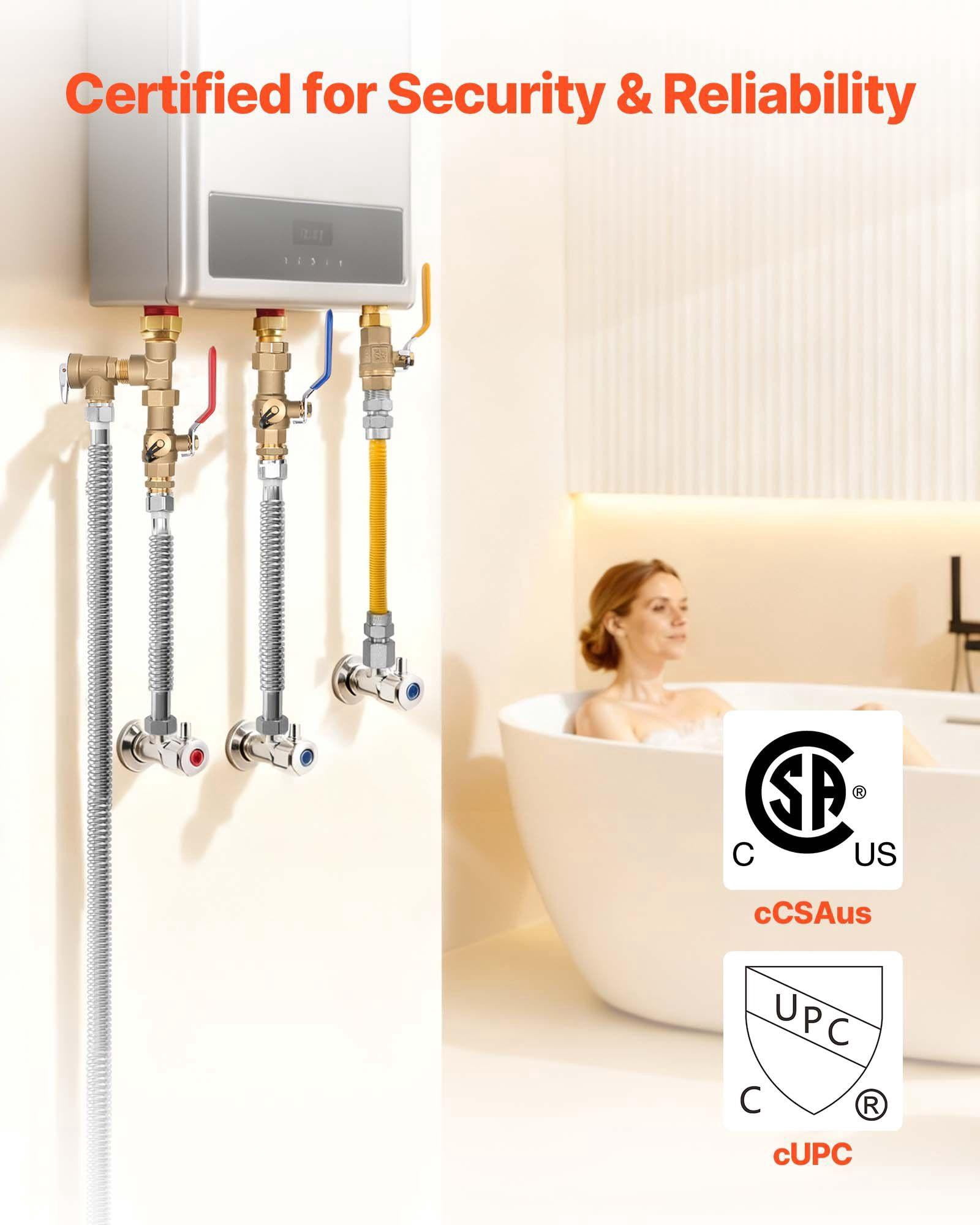 3/4 Inch Water Heater Repair Kit with 600 WOG Valves Pressure Relief Valve Gas Hose for Tankless Heaters