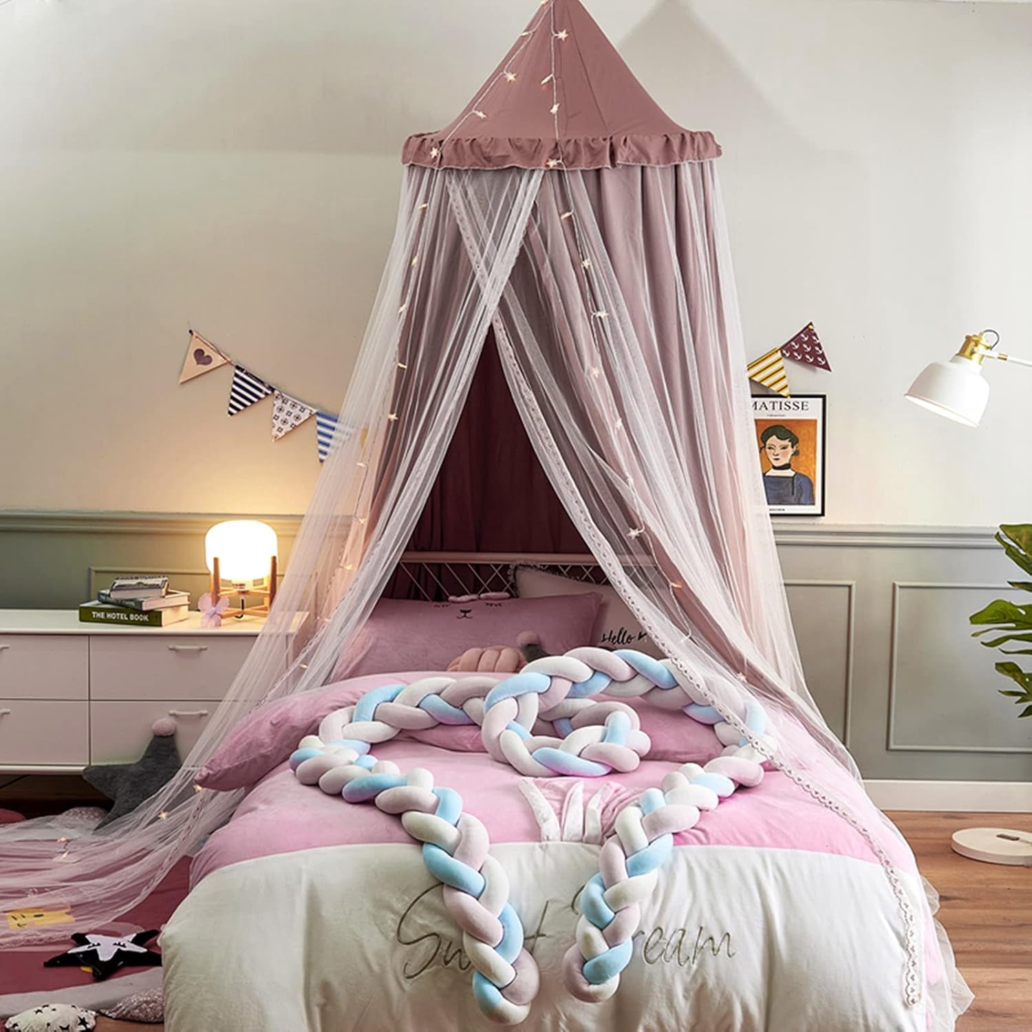 Bed Canopy Double Layer Princess Round Dome Dreamy Mosquito Net Bedding Girls Room Castle Play Tent Hanging House Decor Reading Nook Canopies(Jujube Red/White)