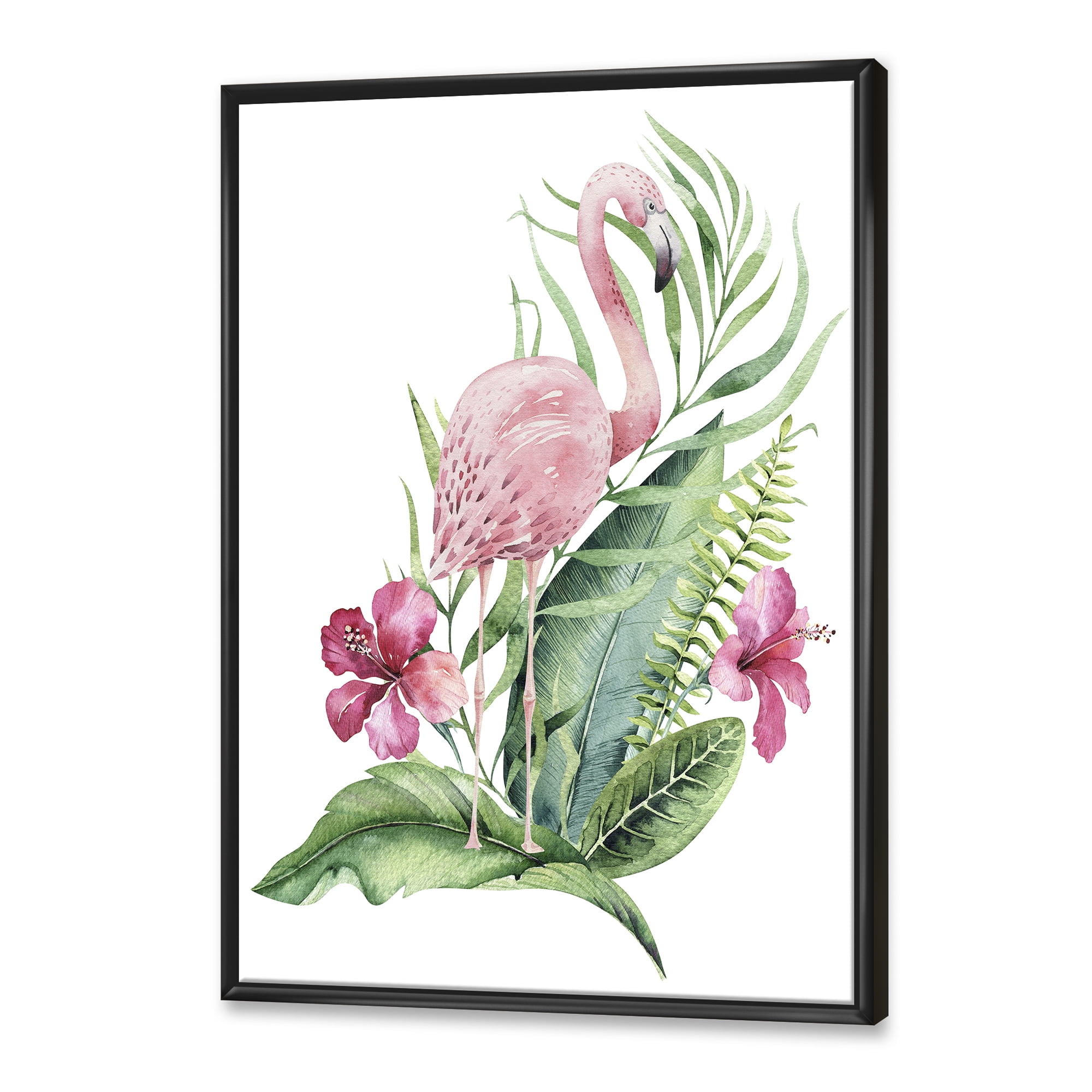 Designart 'Flamingo With Pink Flowers and Exotic Foliage' Traditional Framed Canvas Wall Art Print