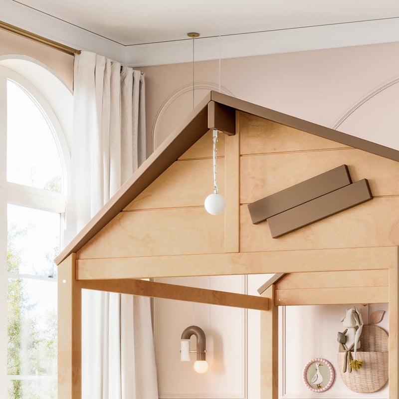 Full House-Shaped Kid's Bed with Built-in Bookshelf & Light Bulb, Wooden Platform Bed Frame with 2 Drawers & 5 Round Hooks