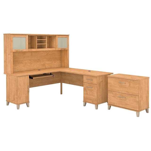 Bush Furniture Somerset 72W L Desk with Hutch & File Cabinet in Maple Cross