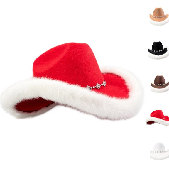 Furry Fluffy Trim Halloween Western Cowboy Hat with Decorative Band, Wide Brim Fashion Headwear, Stylish Accessory for Halloween Parties, Concert, Festival Celebrations and Trendy Outfit Red