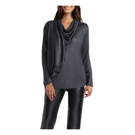 HALSTON Womens Navy Sheer Attached Draped Scarf Long Sleeve V Neck Wear To Work Top L