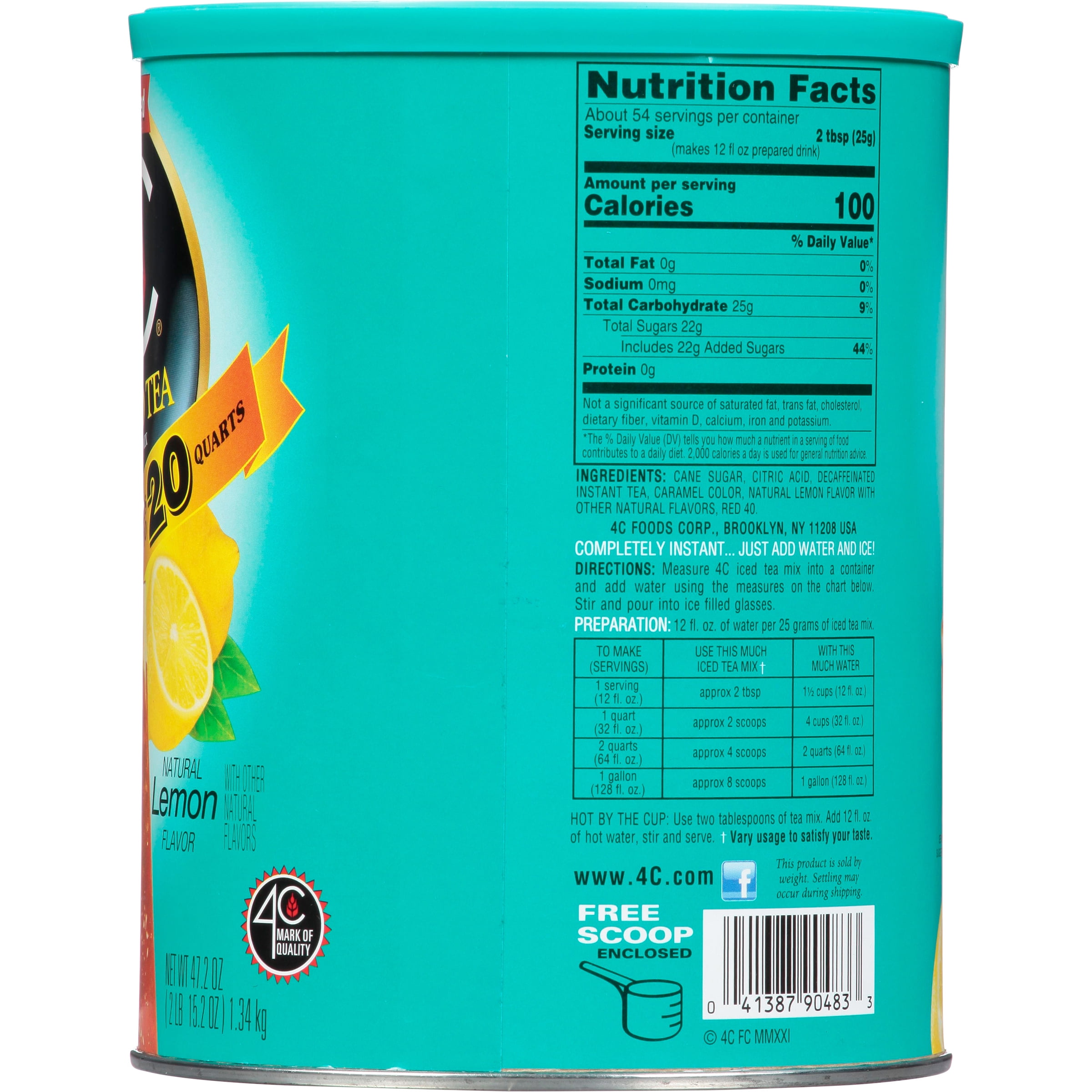 4C Decaf Iced Tea Mix, Lemon, 47.2 oz, 1 Ct