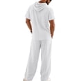 thumbnail image 4 of Men's 2 Piece Hooded Short Sleeve Shirt And Long Pants Set, Linen Textured Casual Outfit With Chest Pocket, Breathable Summer Beach Wear For Vacation And Loungewear,White,M, 4 of 6
