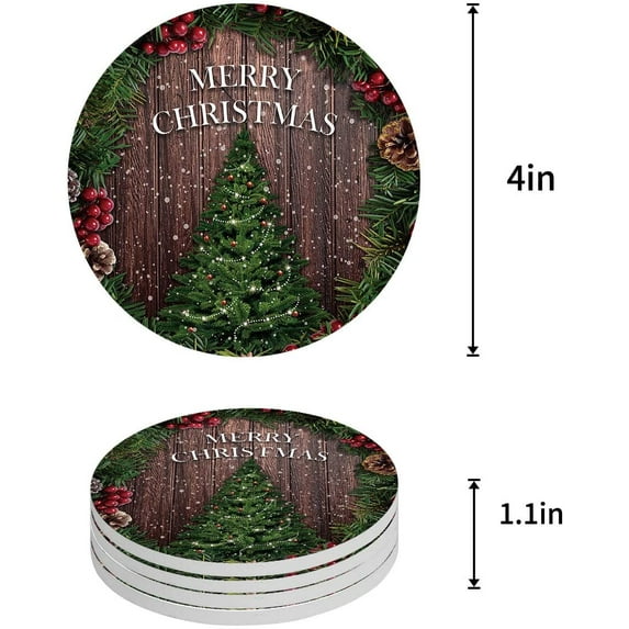 FMSHPON Merry Christmas Xmas Tree Pine Cone Winter Christmas Vintage Wooden Plank Set of 4 Round Coaster Drinks, Absorbent Ceramic Stone Coasters Cup Mat Cork Base Coffee Table Bar Decor