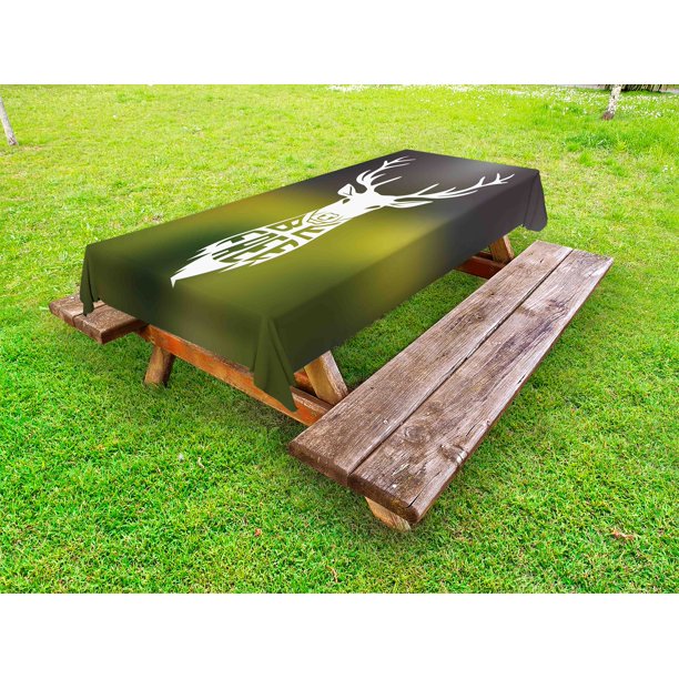 Hunting Outdoor Tablecloth, Deer Head with Horns Concept Artwork Be