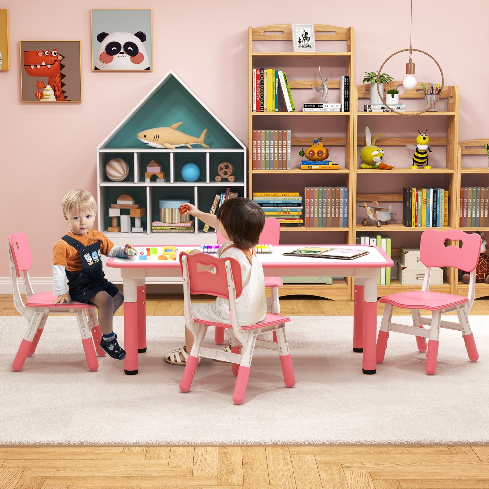 Infans Kids Height Adjustable Table and 4 Chairs Set with Graffiti Desktop Pink