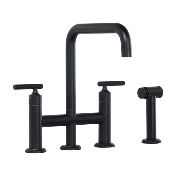 WOWOW Brass Double Handle Bridge Kitchen Faucet, Deck Mount Kitchen Sink Faucet with Side Sprayer
