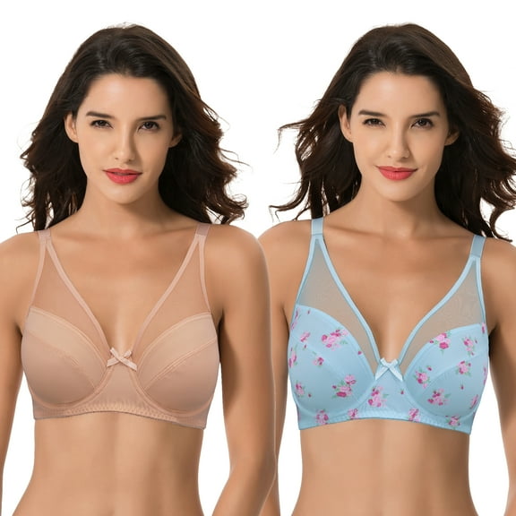 Curve Muse Plus Size Minimizer Underwire Bra with Floral and leopard Print-2pack-NUDE,LT BLUE (Size:34B)