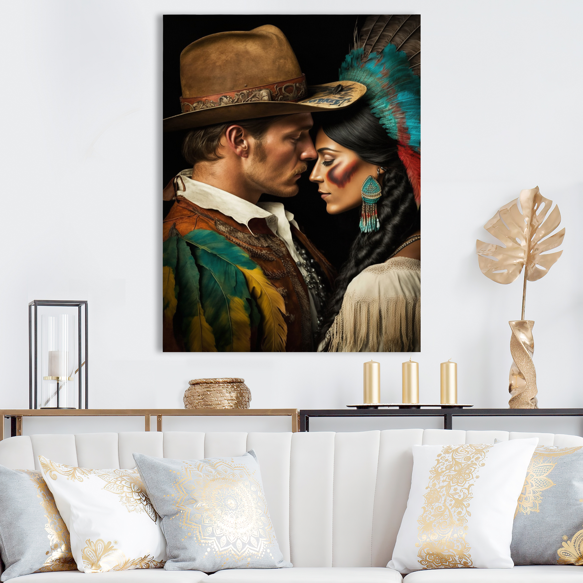 Designart Cowboy And An Indian Woman In Love I Canvas Wall Art