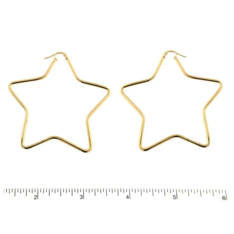 18K Yellow Gold Star Hoop Earrings L.2.25 inches 2 mm tube