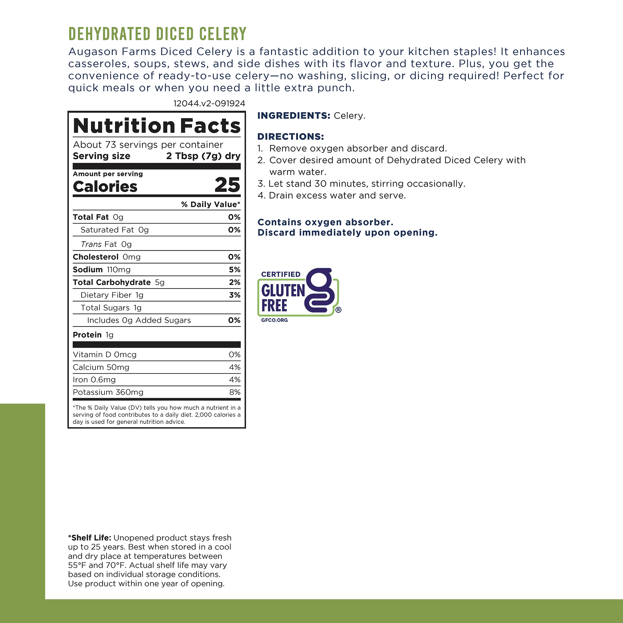 Dehydrated Diced Celery Emergency Food Supply, 73 Servings, 25 Year Shelf Life, Great for Cooking and Snacks - Dehydrated Meals, Survival Food Camping Essentials Can