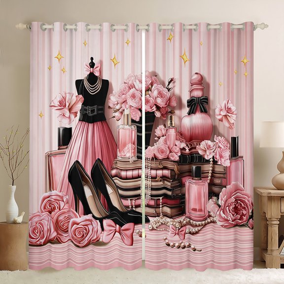 jejeloiu Perfume High Heels Blackout Curtains Set of 2 (52x84 Each),Romantic Valentine Rose Window Curtains,Pink Flowers Floral Curtains and Drapes For Girls Kids,Super Cozy Room Decor