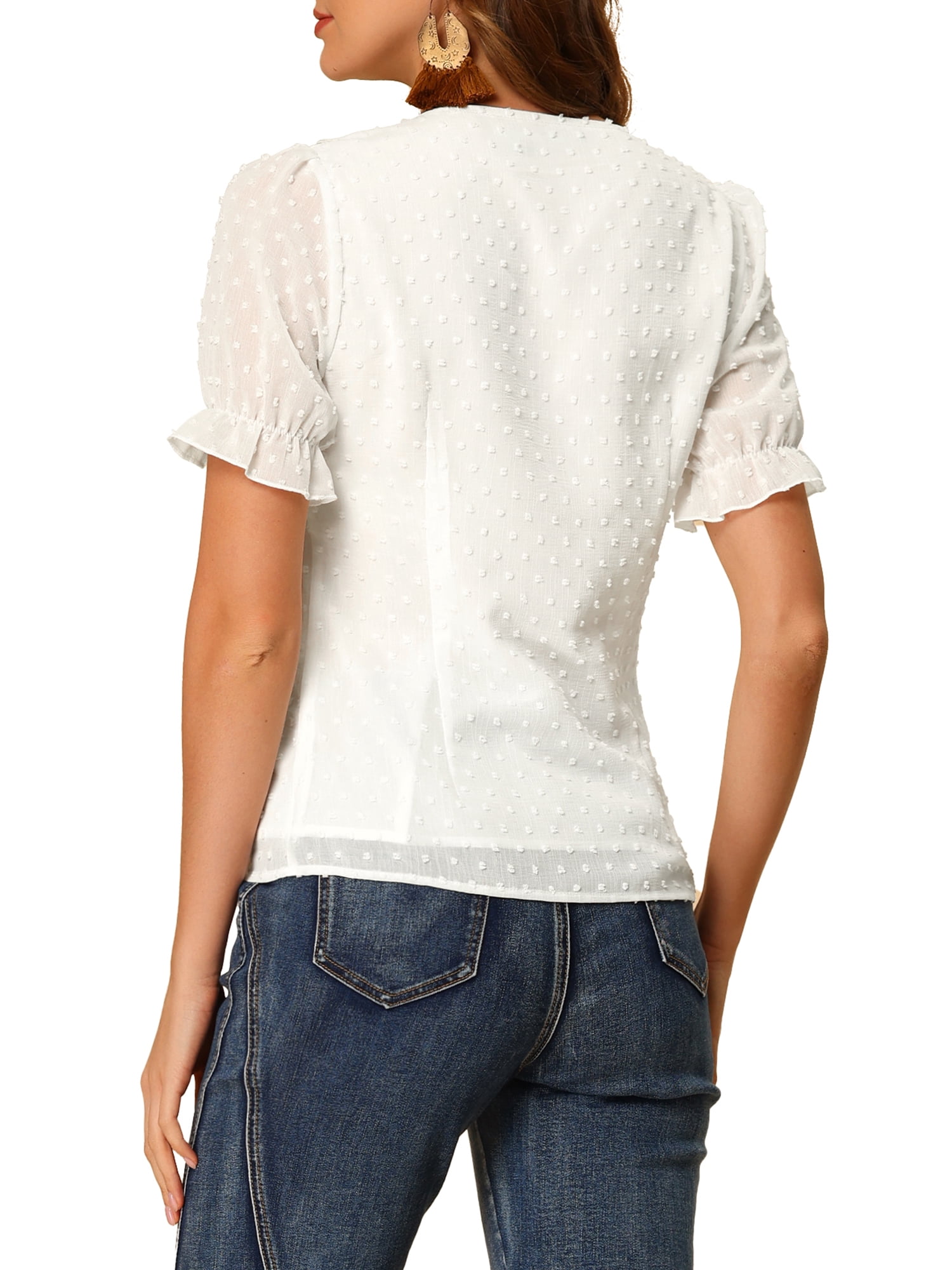 DARING DIVA Women's Swiss Dots Ruffle V Neck Short Sleeve Peasant Blouse M White