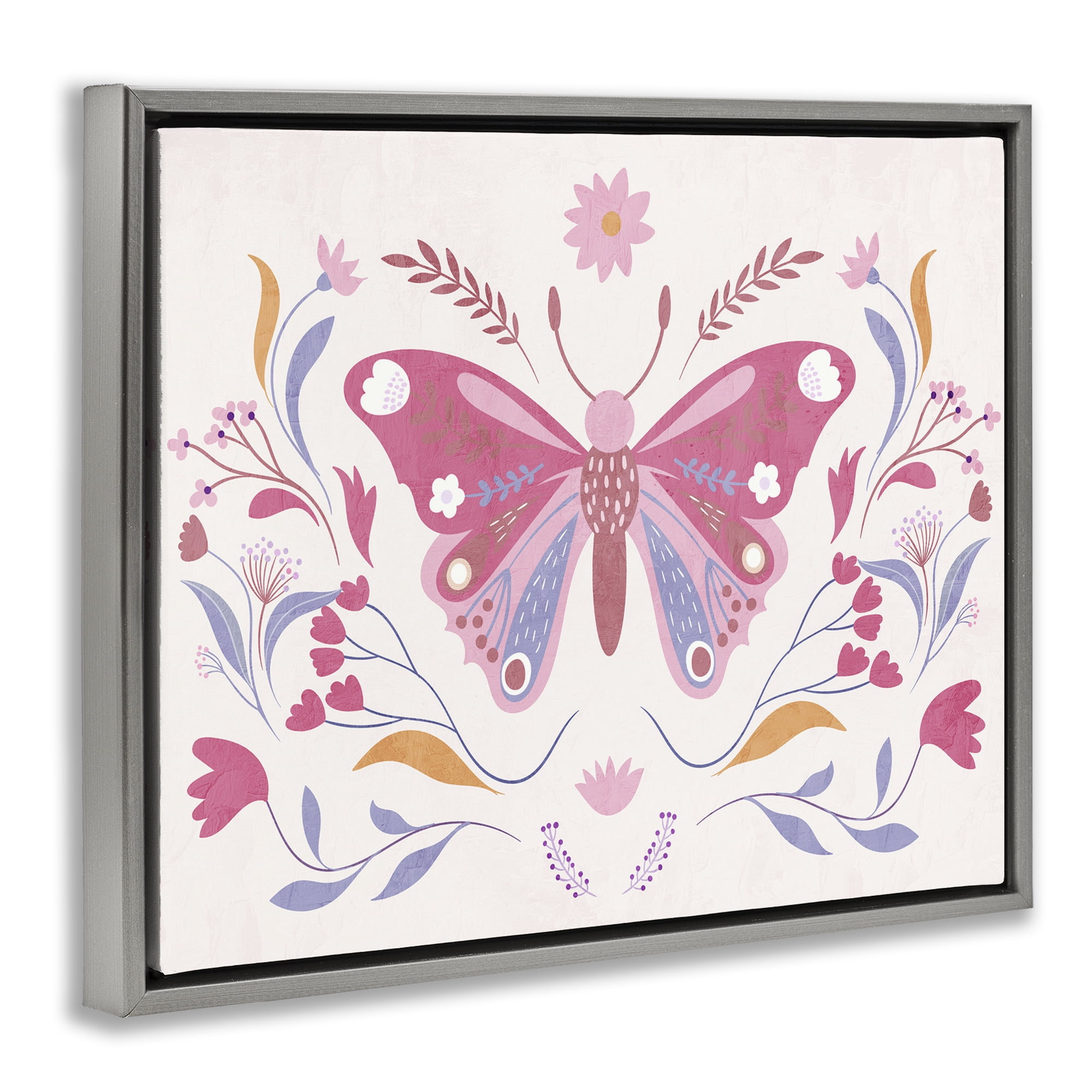 Stupell Industries Whimsical Folk Butterfly Gray Framed Floater Canvas Wall Art, design by Kim Allen