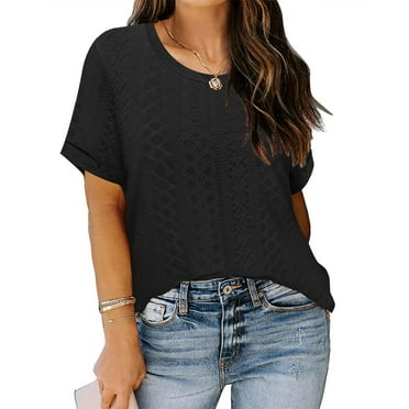 TIYOMI Plus Size Women's Eyelet Ebroidery Tops Short Sleeve Blouses 2X Summer Black Crewneck Tops Basic Solid T-Shirts Beach Trendy tops Tunics Spring Tee 2XL 18W 20W