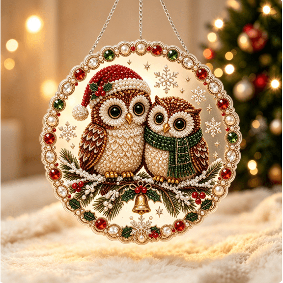 Christmas Pearl Bead Painting Kit, DIY Diamond Art Ornament and Window Suncatcher Craft for Adults Beginners and Holiday Activities (Owl Pair)