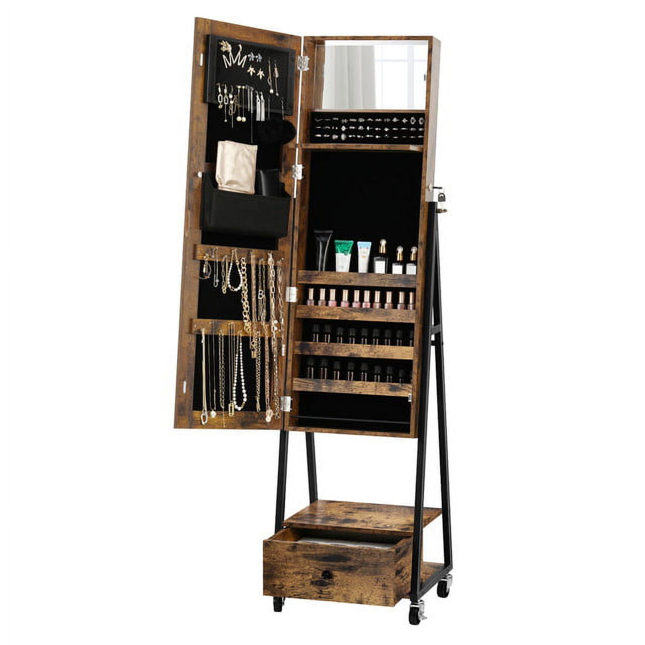 Oumilen Jewelry Armoire on Casters with Chest Drawer in Burnt Wood Brown for Adults