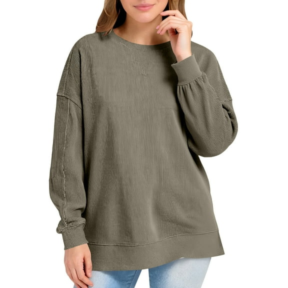 Gfyviroh Sweatshirts for Women Ribbed Side Slit Long Sleeve Sweatshirts Crewneck Solid Color Pullover Fall Sweatshirts