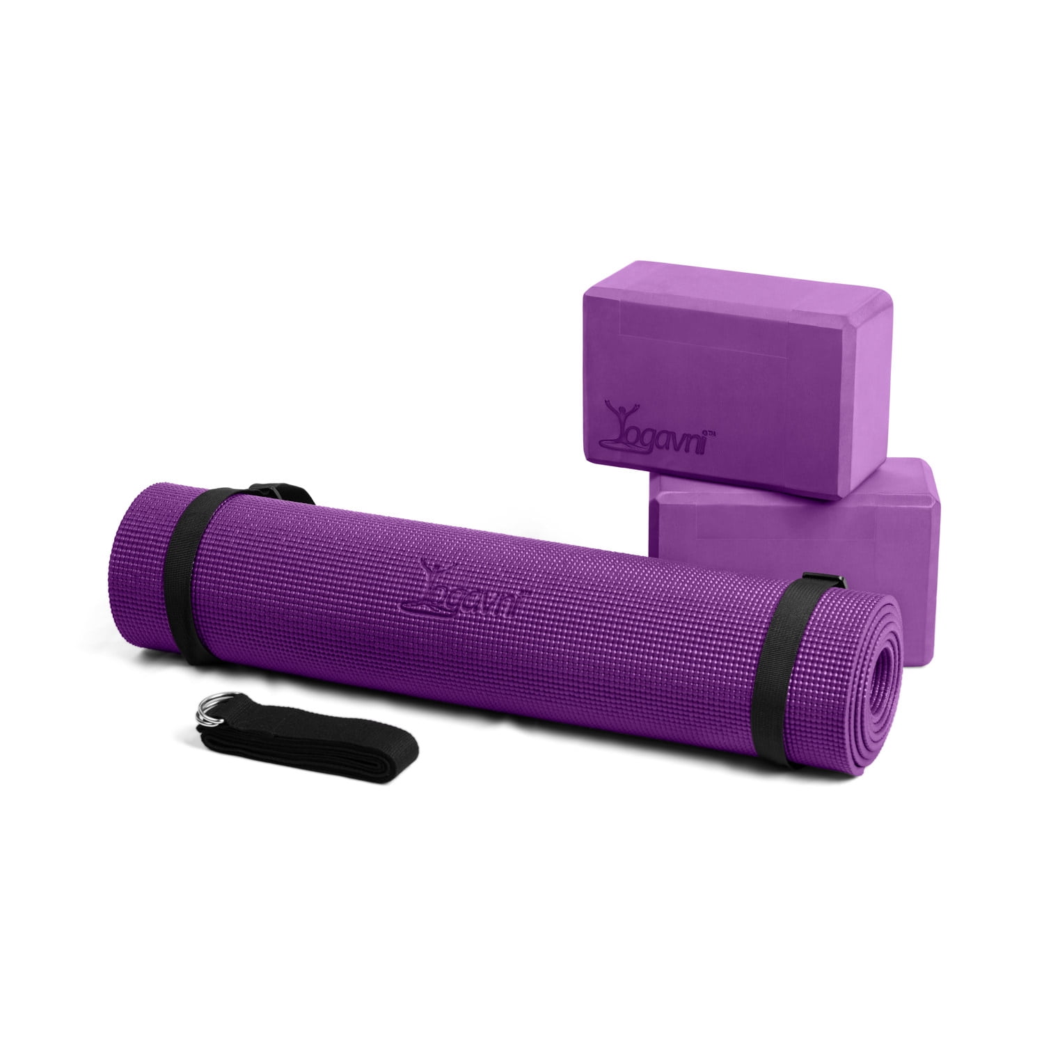 Yoga Essentials - 6mm Mat 1pr 4in Foam Blocks 8ft strap and loop strap - 5pc - Yogavni (Purple)