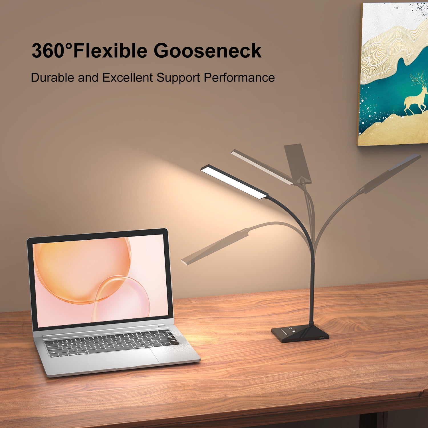 KOOTION 12W 72 LEDs LED Desk Lamp USB Charging Port 5 Modes 7 Brightness Touch Control Eye Caring Table Reading Light Black