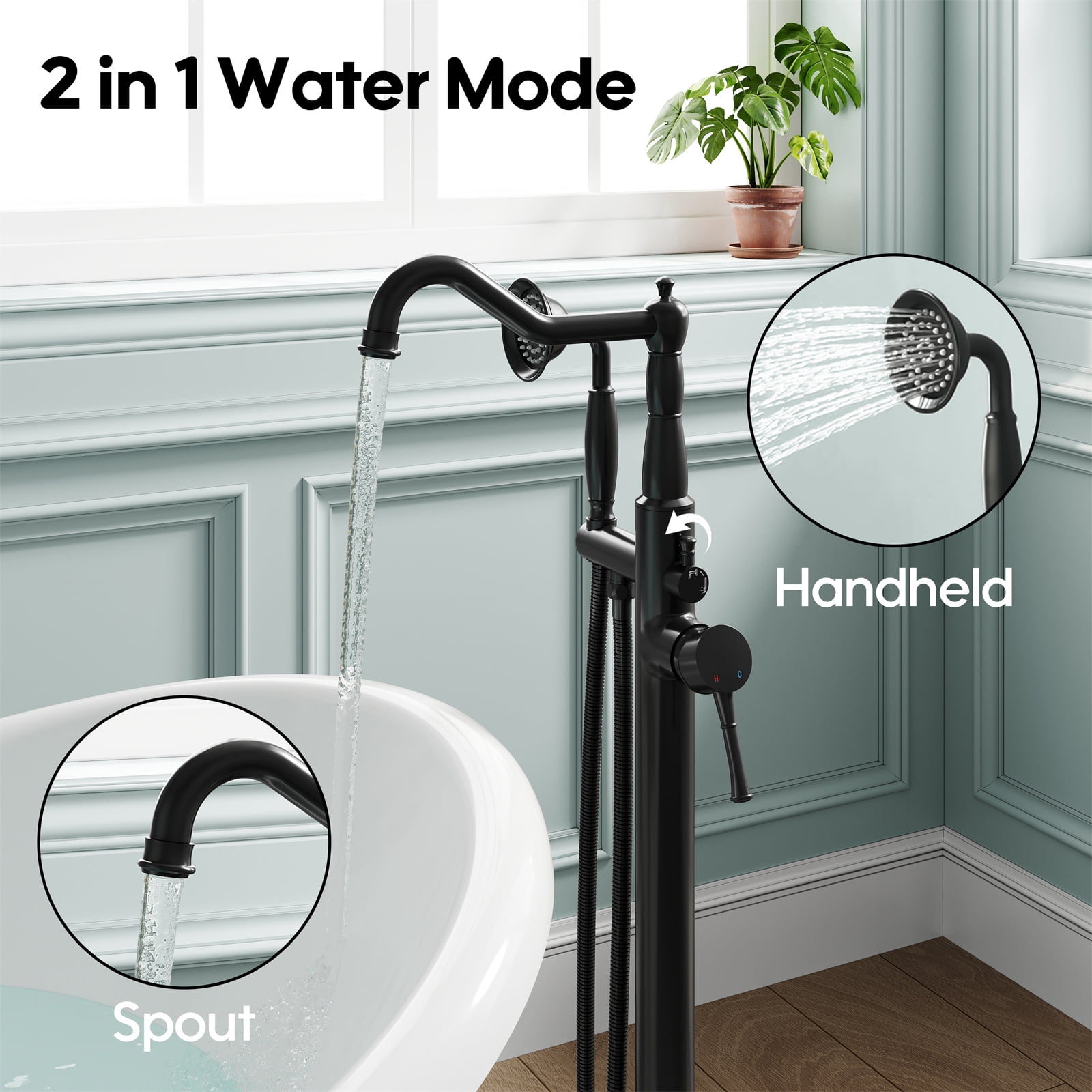 ANGELES HOME Freestanding Tub Faucet with Handheld Shower, Floor Mount Bathtub Filler, Roman Bathtub Faucet with Swivel Spout Brass Rough-in and Water Hose, Matte Black