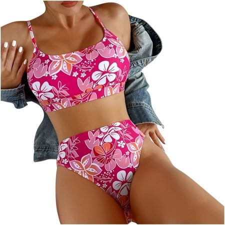 

QIPOPIQ Swim Suits Women Clearance Fashion Women Sexy Sport Solid And Printed High Waist Swimwear Bikini Split Swimsuit